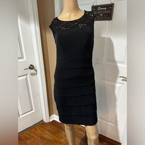 Sweet Storm Black Sheath Midi Dress with Cap Sleeves and lace